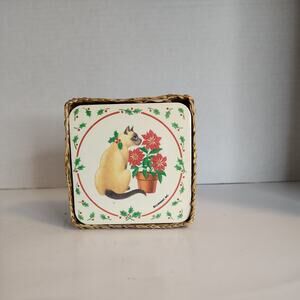 Christmas Siamese Cat Poinsettia Holly Cork Backing Coaster Set Of 6, Current